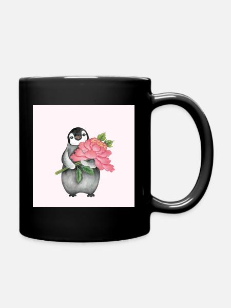 Cute Penguin with Peony - Full Colour Mug - black