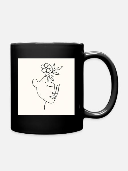 Floral Serenity – Minimalistisches Line Art Portrait - Tasse einfarbig - Schwarz