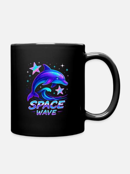 Neon Space Wave Dolphin Design - Full Colour Mug - black