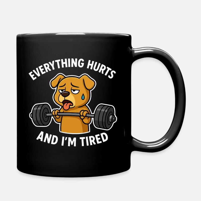 Exhausted Dog Lifting Weights - Full Colour Mug - black