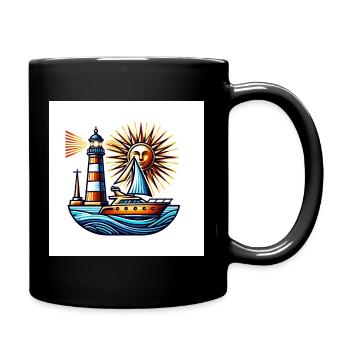 Leuchtturm am Meer mit Sonne und Segelboot - Tasse einfarbig - Schwarz - Rechts