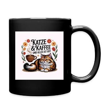 Katzenliebe mit Kaffee Motiv - Tasse einfarbig - Schwarz - Rechts