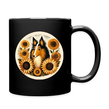 Whimsical Collie with Sunflower Frame - Full Colour Mug - black - Right