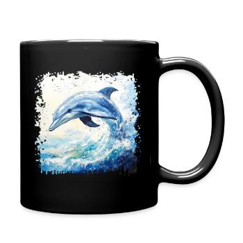 Lebensfroher Delfin im Aquarell-Wirbel - Tasse einfarbig - Schwarz - Rechts