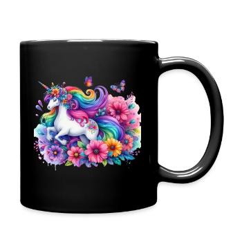 Regenbogen Blumen Einhorn - Tasse einfarbig - Schwarz - Rechts