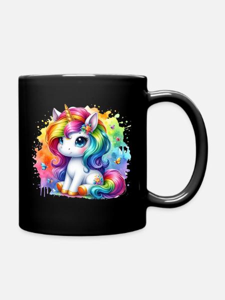 Regenbogen Einhorn Aquarell - Tasse einfarbig - Schwarz