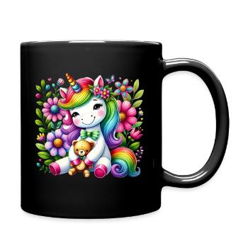 Regenbogen Einhorn Blumentraum - Tasse einfarbig - Schwarz - Rechts