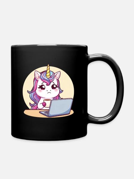 Tired unicorn on laptop with coffee - Full Colour Mug - black