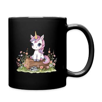 Watercolor unicorn on tree trunk with flowers - Full Colour Mug - black - Right