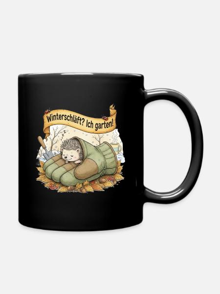 Hedgehog sleeps in gardening glove "Hibernating? Ic - Full Colour Mug - black