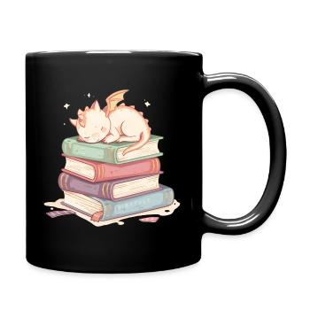 Schlafender Drache auf pastellfarbenen Büchern - Tasse einfarbig - Schwarz - Rechts