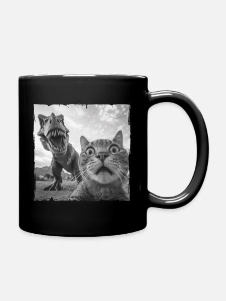 Katzen Selfie mit T Rex Chaosmotiv - Tasse einfarbig - Schwarz