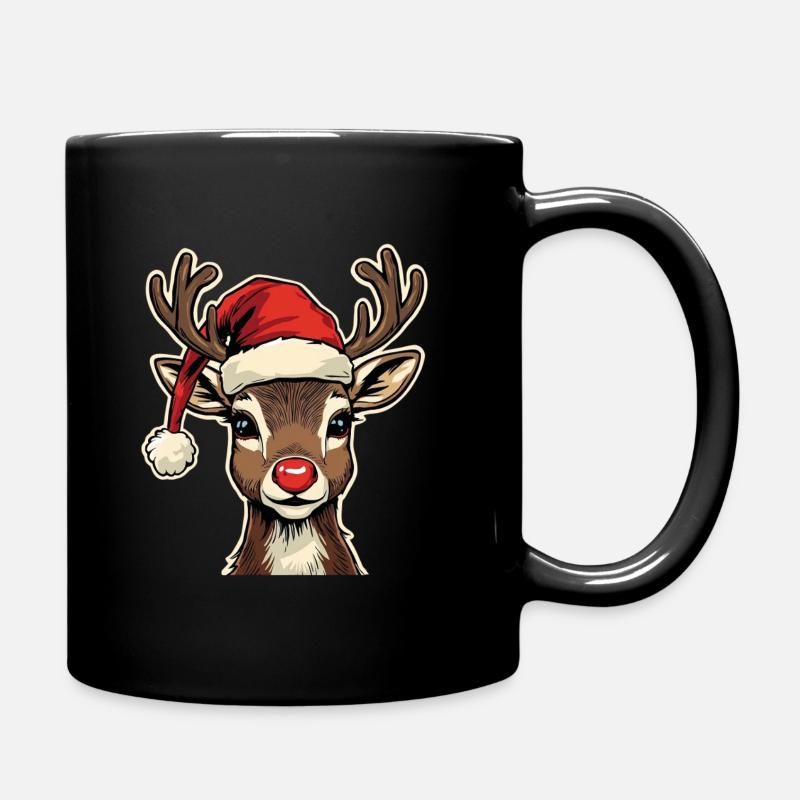 Reindeer with Santa hat - Full Colour Mug - black