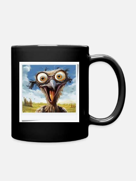 Laughing bird with big eyes - Full Colour Mug - black