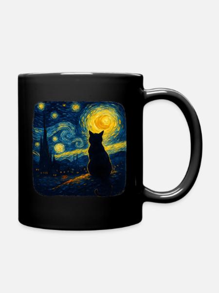 Chat étoilé Nuit drôle Amoureuse des chats Van Gogh Maman des chats - Mug uni - noir