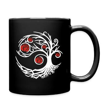 Stilisierter weißer Baum und rote Rosen - Tasse einfarbig - Schwarz - Rechts