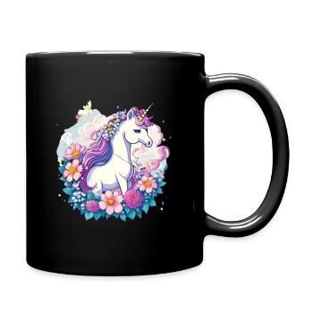 Frühlings-Einhorn mit Blumenkranz - Tasse einfarbig - Schwarz - Rechts