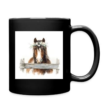 Cheval couronné de fleurs par-dessus la clôture - Mug uni - noir - Droite