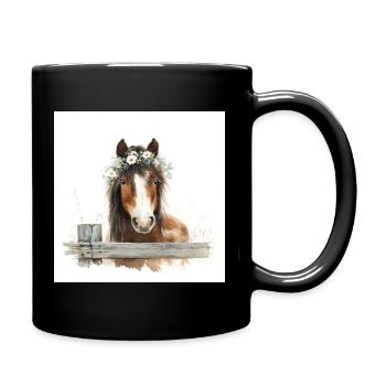 Cheval aquarelle avec couronne florale - Mug uni - noir - Droite