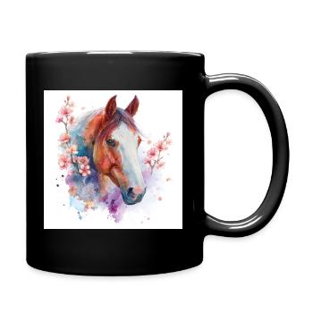 Aquarell Pferd und Blüten - Tasse einfarbig - Schwarz - Rechts