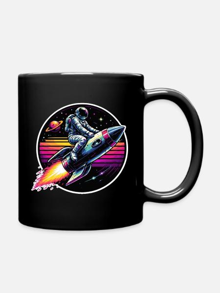 Astronaut on rocket in retro sunset - Full Colour Mug - black