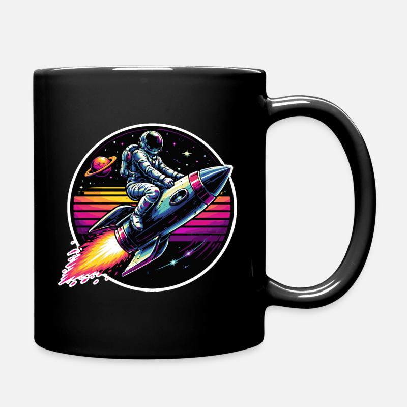 Astronaut on rocket in retro sunset - Full Colour Mug - black