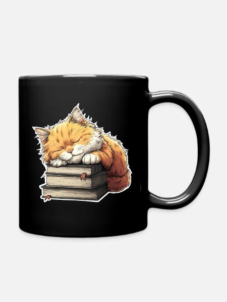 Cute Cat Sleeping on Book Pile - Full Colour Mug - black