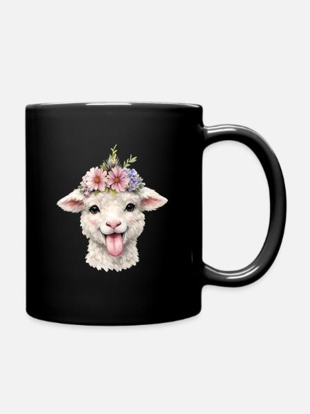 Schaf Blütenkrone Fröhlich - Tasse einfarbig - Schwarz