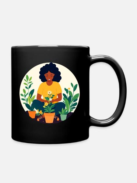 Woman Planting Potting Garden Motif - Full Colour Mug - black