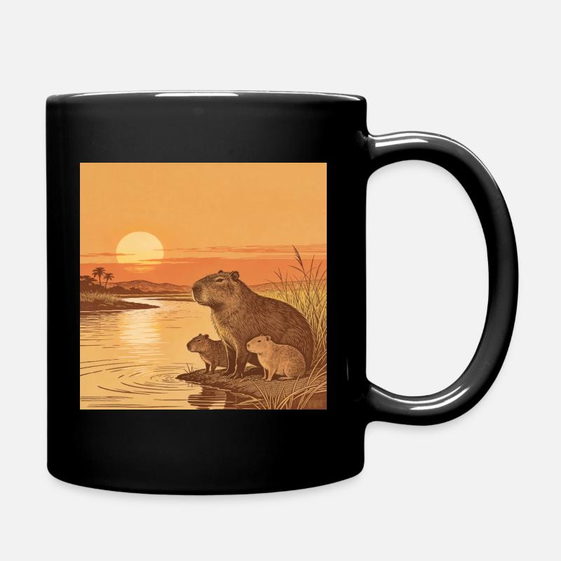 Famille Capybara au bord de la rivière au coucher du soleil - Mug uni - noir