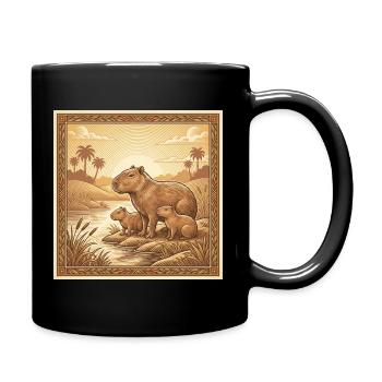 Famille Capybara au bord de la rivière – Illustration vintage - Mug uni - noir - Droite