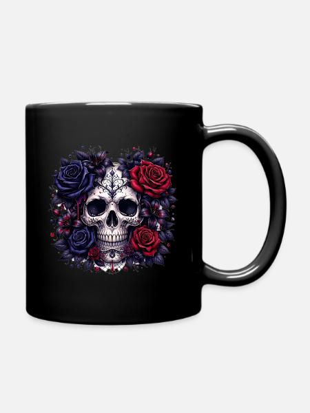 Gothic skull with roses - Full Colour Mug - black