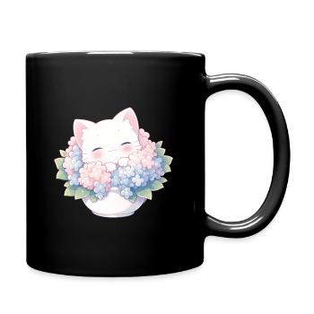 Süße weiße Katze in Hortensien – Kawaii Design - Tasse einfarbig - Schwarz - Rechts