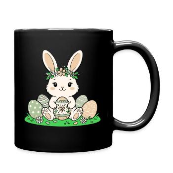 Osterhäschen mit Blütenkranz - Tasse einfarbig - Schwarz - Rechts