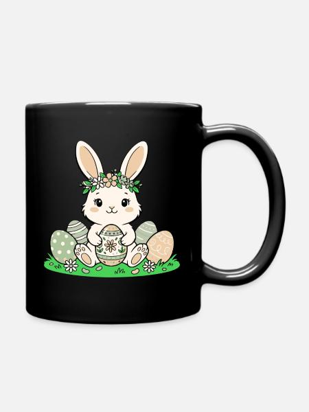 Osterhäschen mit Blütenkranz - Tasse einfarbig - Schwarz