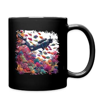 Unterwasser Taucher im bunten Korallenriff - Tasse einfarbig - Schwarz - Rechts