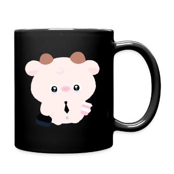 Kawaii-Kuh im Gleichstand mit Kaffee - Tasse einfarbig - Schwarz - Rechts