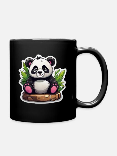 Panda Cartoon Assis Sur Bambou - Mug uni - noir