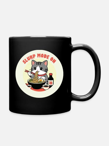 Kitten eating Ramen Slurp mode - Full Colour Mug - black