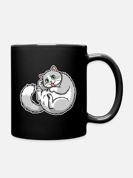 Grey and White Cat Funny Tongue Out Cute - Full Colour Mug - black