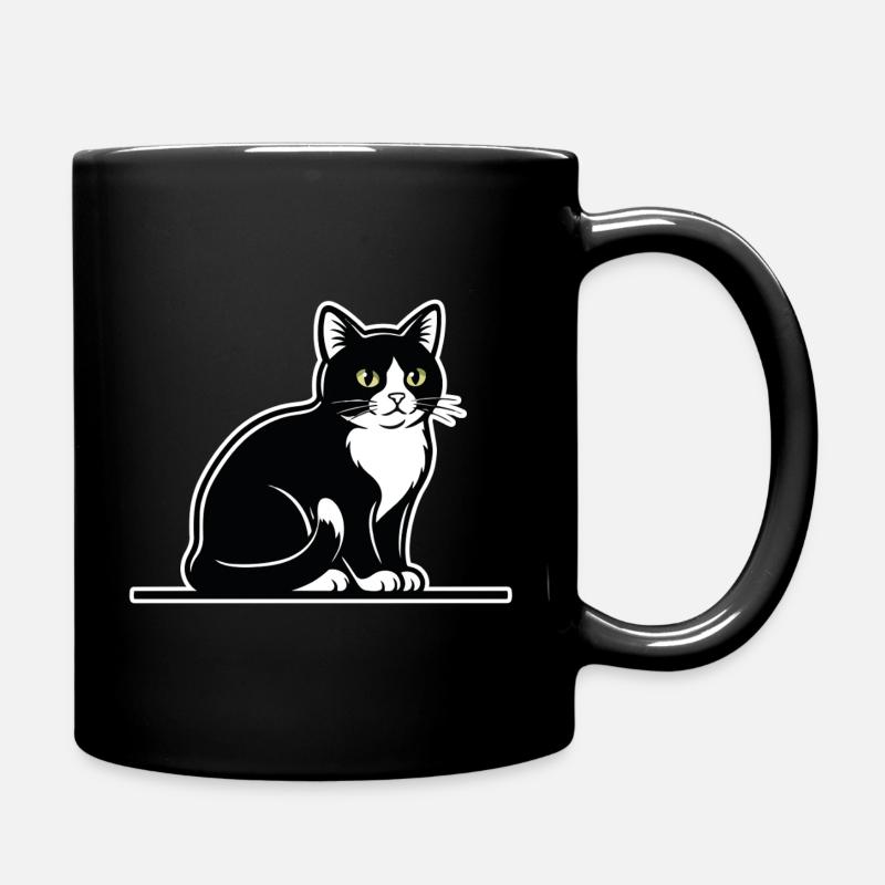 Tuxedo Cat Black and White Portrait Elegant Seated - Full Colour Mug - black