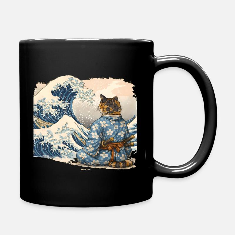 Samurai Cat Wave Japanese Ukiyo-e Style - Full Colour Mug - black