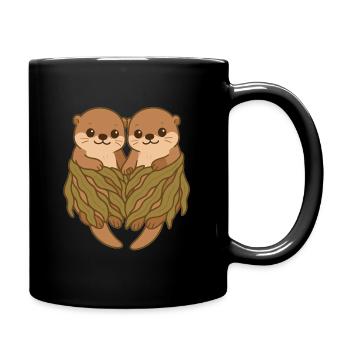 Cute Sea Otter Couple in Seaweed Blanket - Full Colour Mug - black - Right