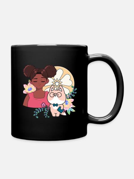 Kawaii Girl, Cyborg Dog and Flowers - Full Colour Mug - black