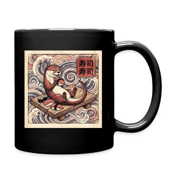 Lustiger Sushi Otter Auf Holzbank Vor Wellen - Tasse einfarbig - Schwarz - Rechts