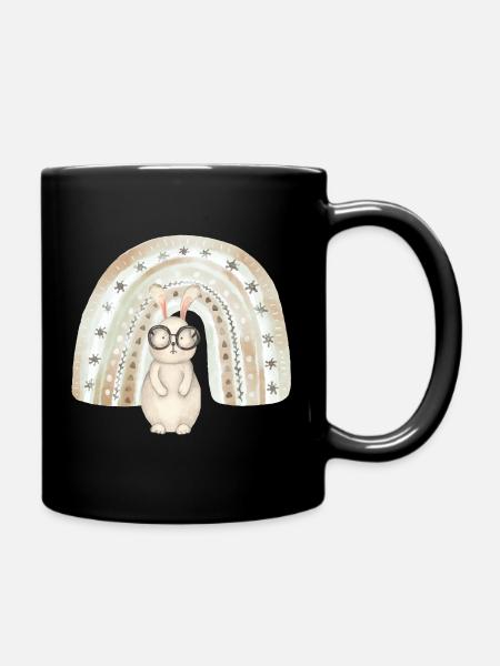 Schlaues Häschen unterm Boho-Regenbogen - Tasse einfarbig - Schwarz