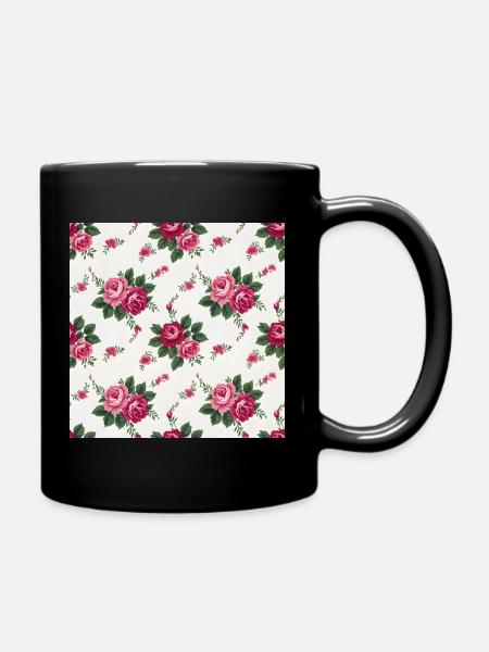 Pink roses on white background - Full Colour Mug - black