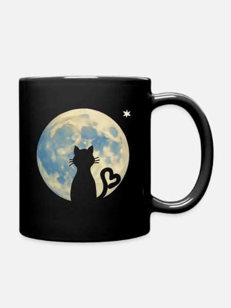 Katzen-Silhouette mit Herz im Mondlicht - Tasse einfarbig - Schwarz