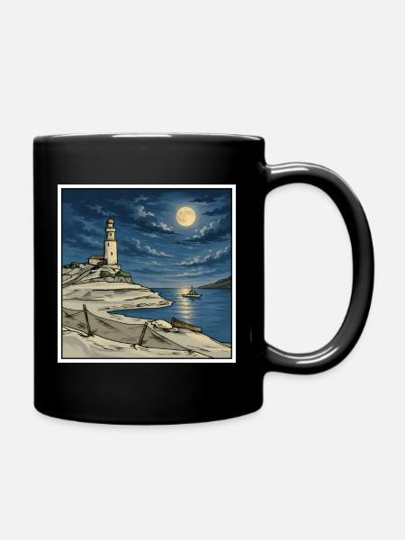 Moonlit Lighthouse Küsten-Retro-Illustration - Tasse einfarbig - Schwarz