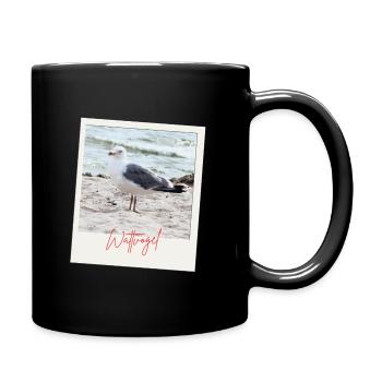 Foto Nordsee Möwe Wattvogel mit Schrift  - Tasse einfarbig - Schwarz - Rechts
